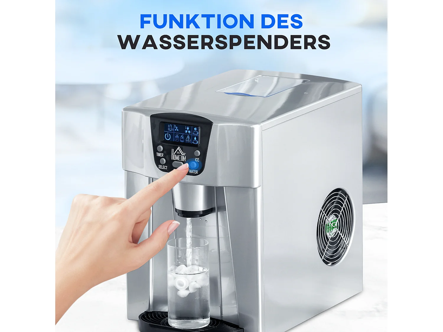 Machine à glaçons, 9 glaçons en 6-10 minutes, 12 kg/24h, réservoir 2 L, fonction auto-nettoyante, affichage LCD (38.9x25.2x36.3 cm)