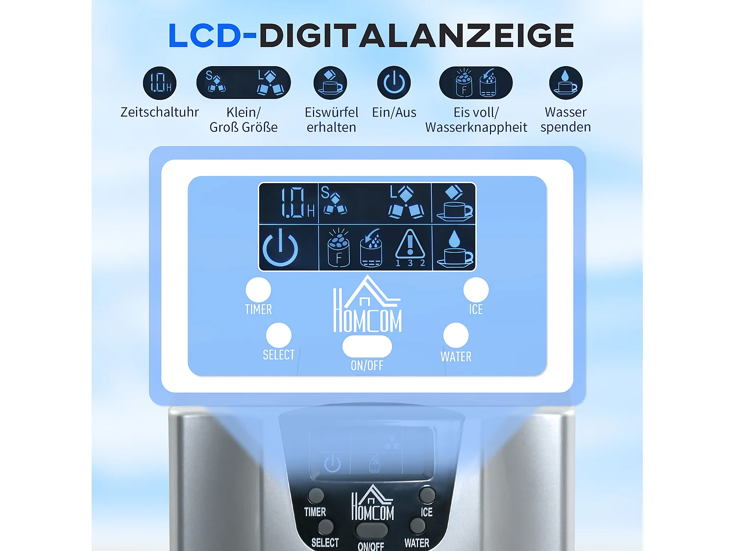 Machine à glaçons, 9 glaçons en 6-10 minutes, 12 kg/24h, réservoir 2 L, fonction auto-nettoyante, affichage LCD (38.9x25.2x36.3 cm)