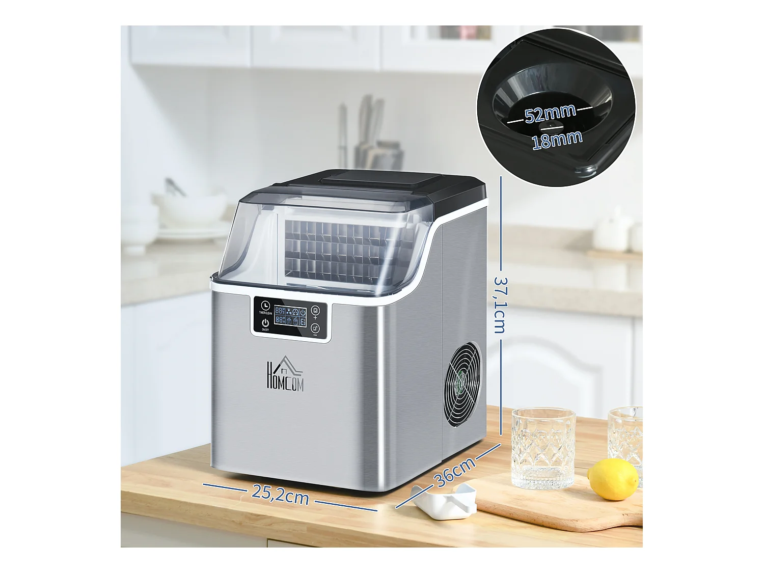 Machine à glaçons, 20 kg/24h, réservoir 3,2 L, avec programme auto-nettoyant, acier inoxydable, argenté (36x25.2x37.1 cm)