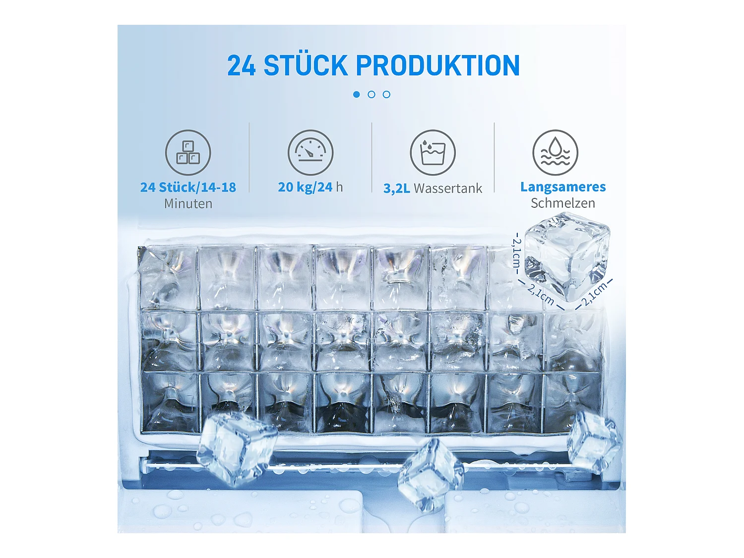 Machine à glaçons, 20 kg/24h, réservoir 3,2 L, avec programme auto-nettoyant, acier inoxydable, argenté (36x25.2x37.1 cm)