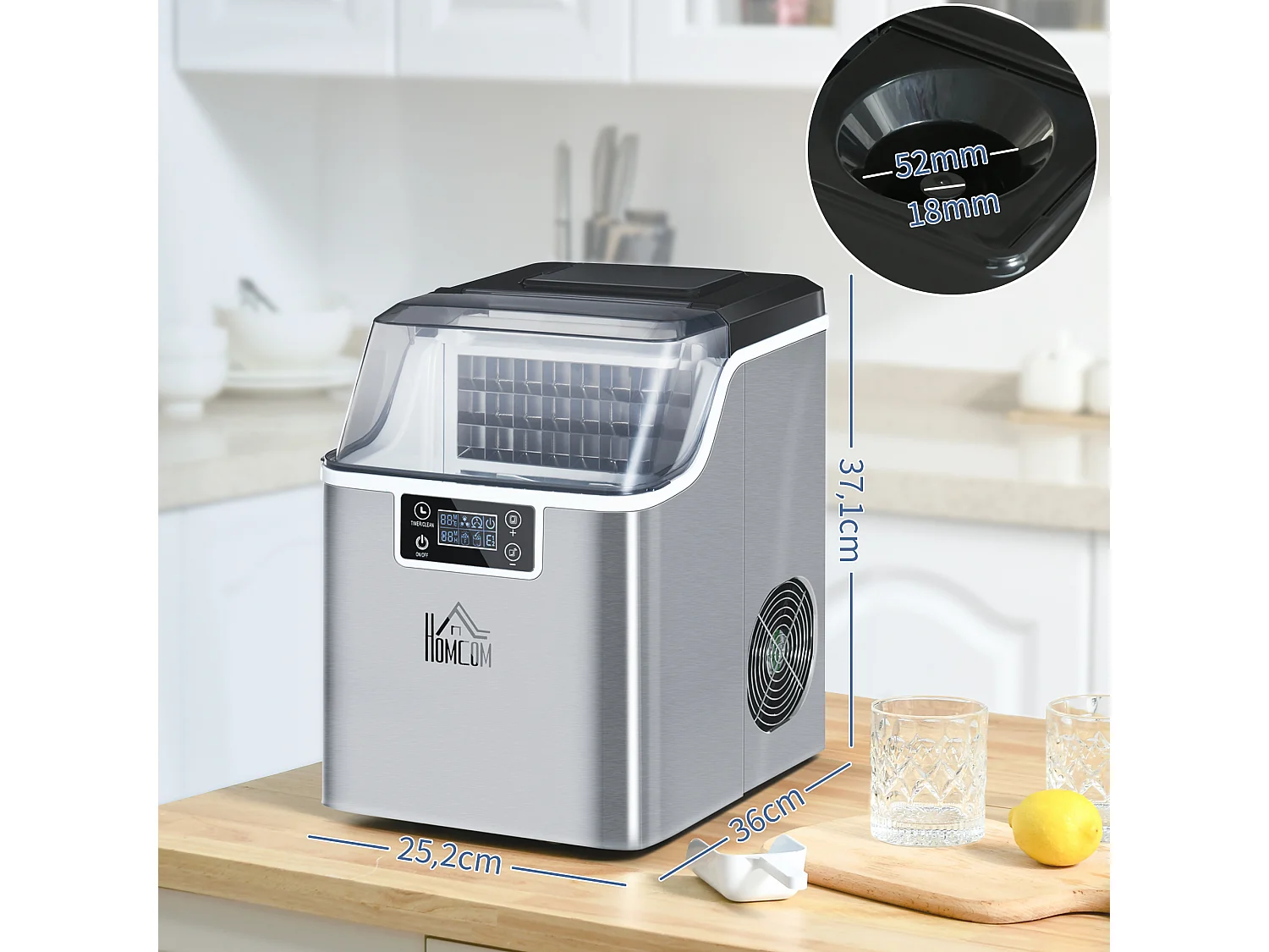 Machine à glaçons, 20 kg/24h, réservoir 3,2 L, avec programme auto-nettoyant, acier inoxydable, argenté (36x25.2x37.1 cm)