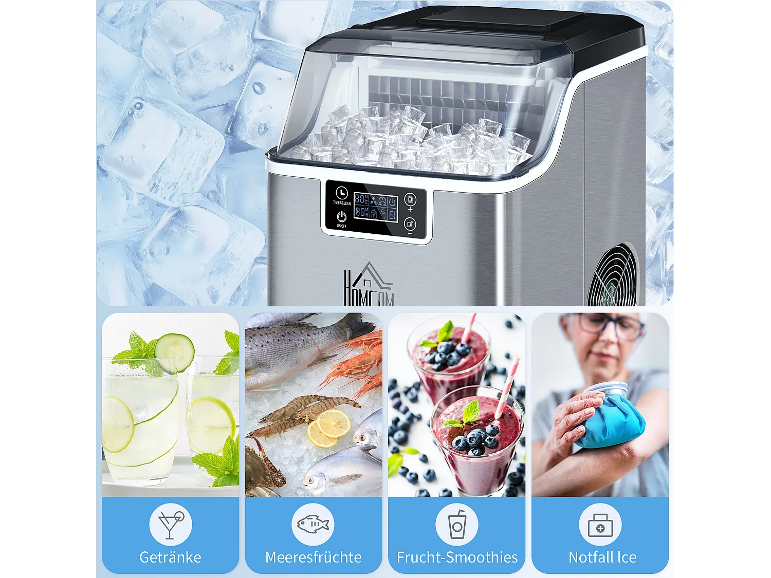 Machine à glaçons, 20 kg/24h, réservoir 3,2 L, avec programme auto-nettoyant, acier inoxydable, argenté (36x25.2x37.1 cm)