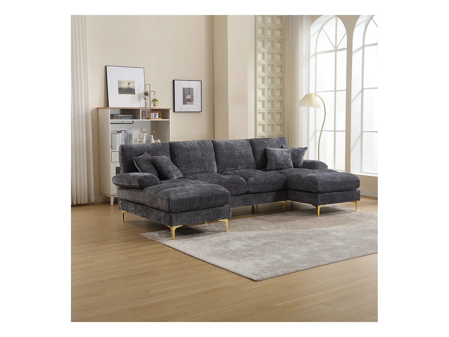 Canapé moderne en U - 272 x 136 x 88 cm - avec 2 sièges inclinables pour salon chambre - Chenille - gris