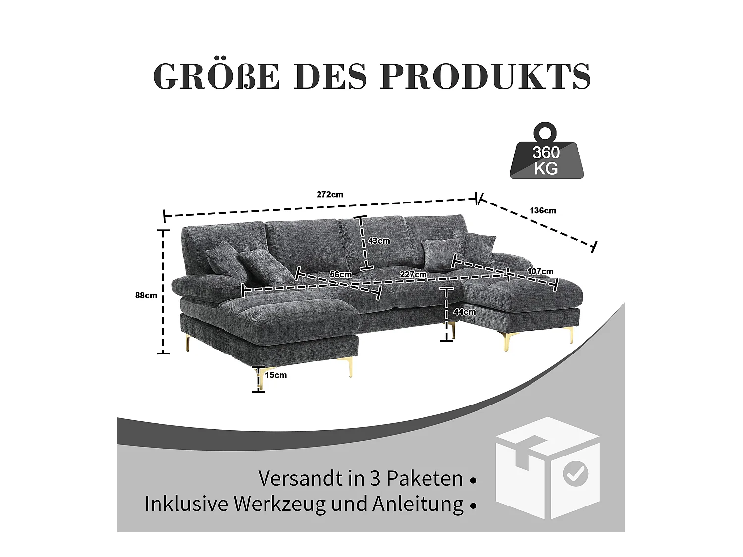 Canapé moderne en U - 272 x 136 x 88 cm - avec 2 sièges inclinables pour salon chambre - Chenille - gris
