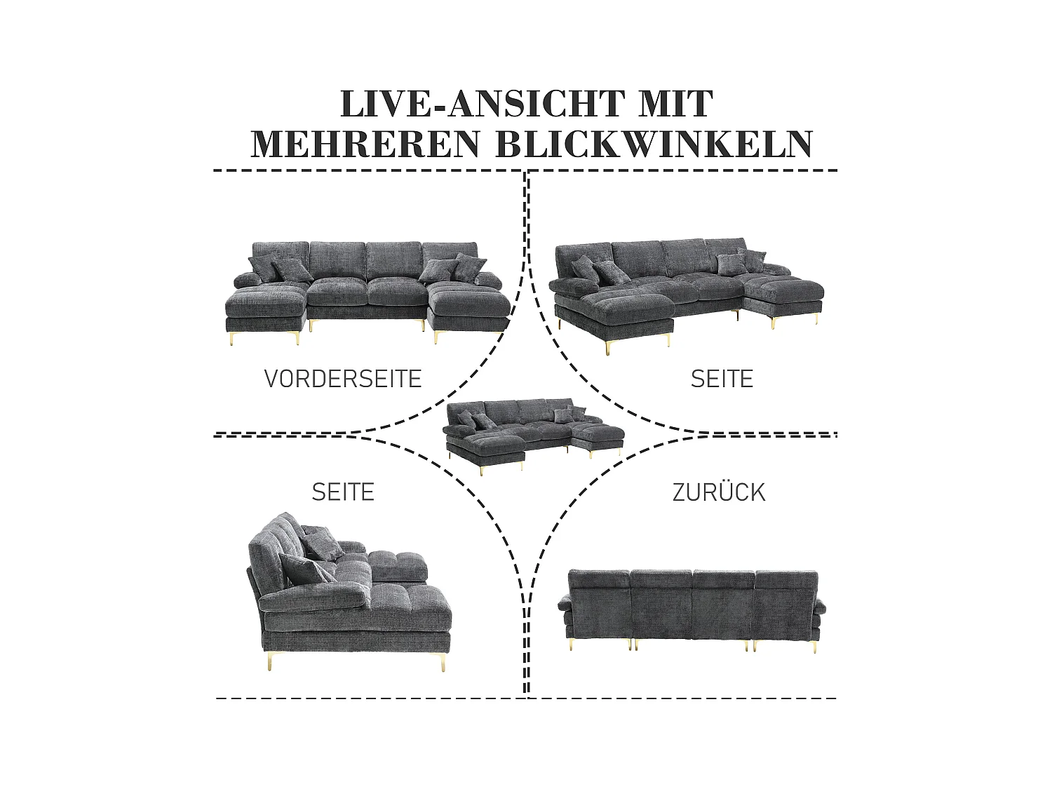 Canapé moderne en U - 272 x 136 x 88 cm - avec 2 sièges inclinables pour salon chambre - Chenille - gris