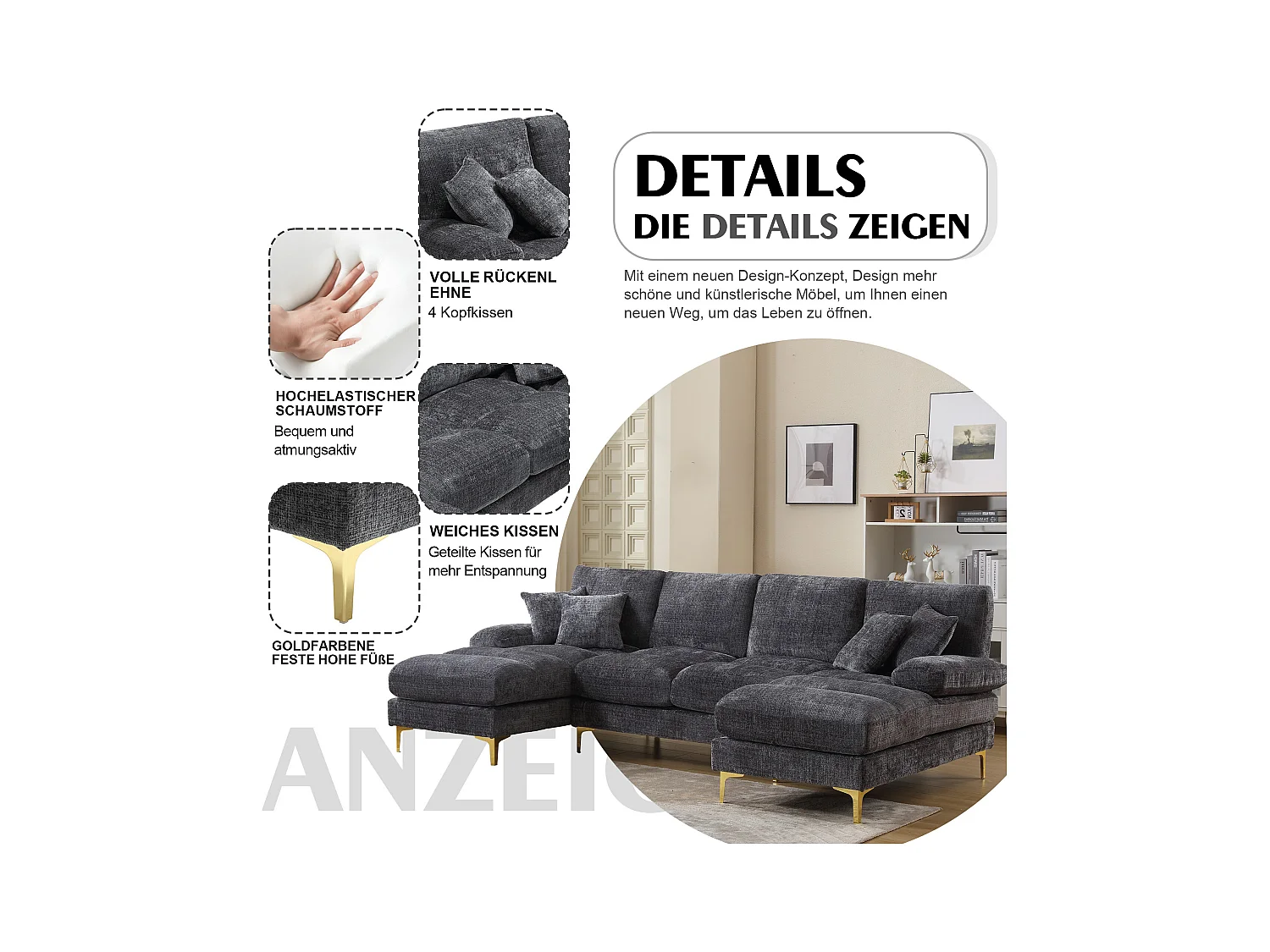 Canapé moderne en U - 272 x 136 x 88 cm - avec 2 sièges inclinables pour salon chambre - Chenille - gris