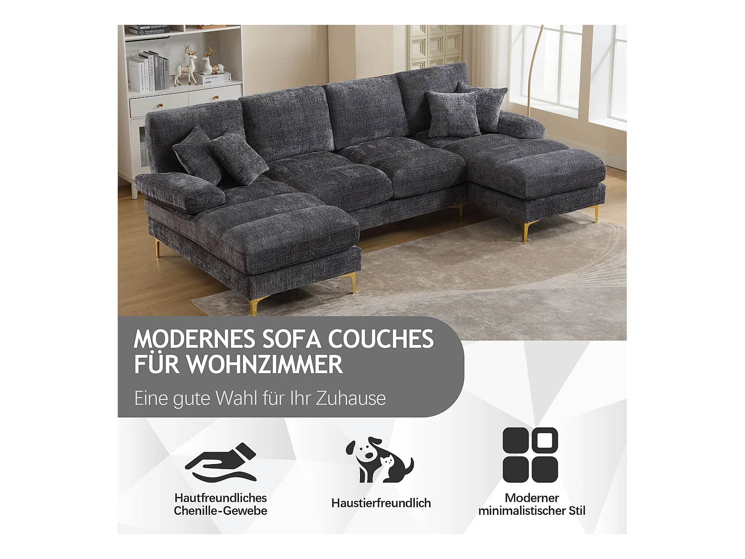 Canapé moderne en U - 272 x 136 x 88 cm - avec 2 sièges inclinables pour salon chambre - Chenille - gris