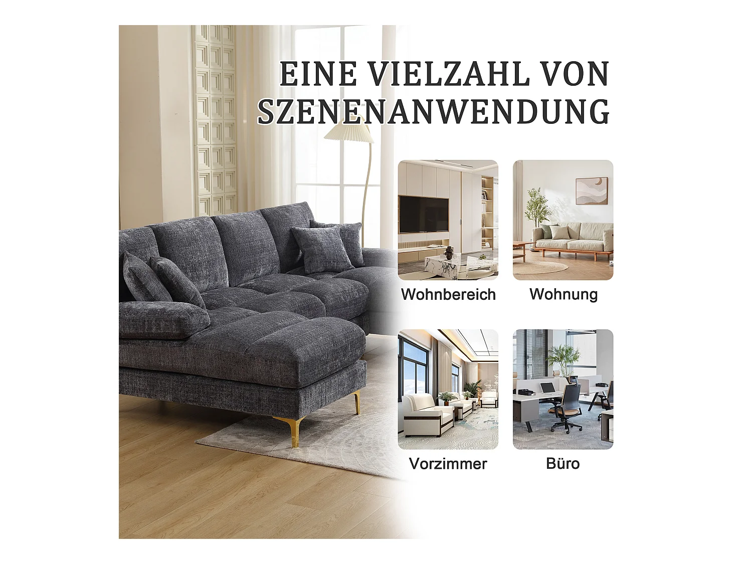 Canapé moderne en U - 272 x 136 x 88 cm - avec 2 sièges inclinables pour salon chambre - Chenille - gris