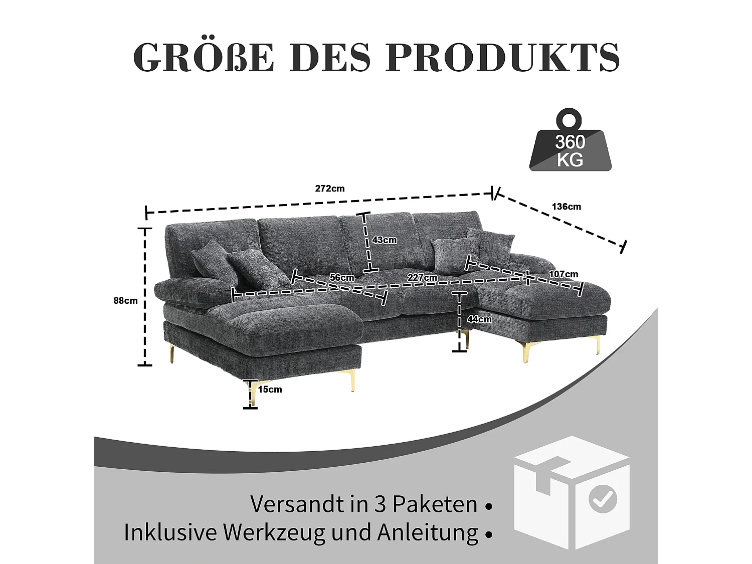 Canapé moderne en U - 272 x 136 x 88 cm - avec 2 sièges inclinables pour salon chambre - Chenille - gris
