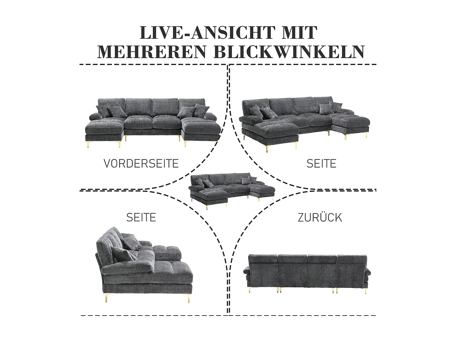 Canapé moderne en U - 272 x 136 x 88 cm - avec 2 sièges inclinables pour salon chambre - Chenille - gris