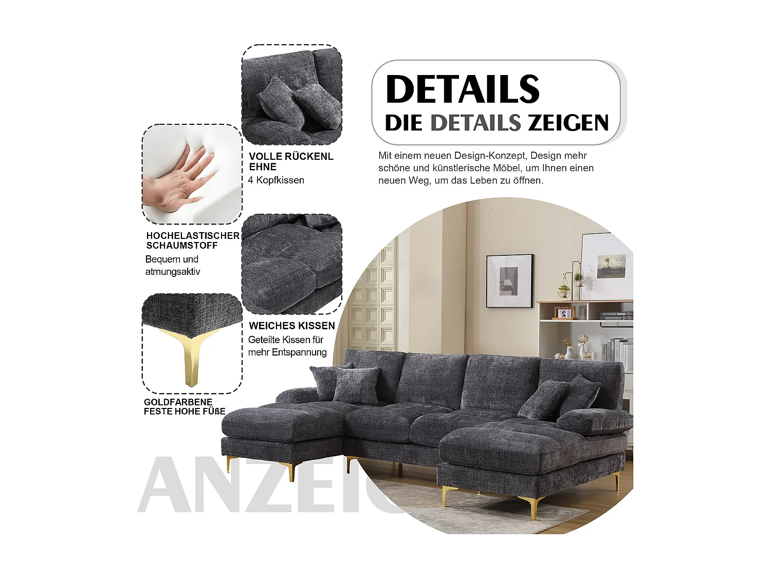 Canapé moderne en U - 272 x 136 x 88 cm - avec 2 sièges inclinables pour salon chambre - Chenille - gris