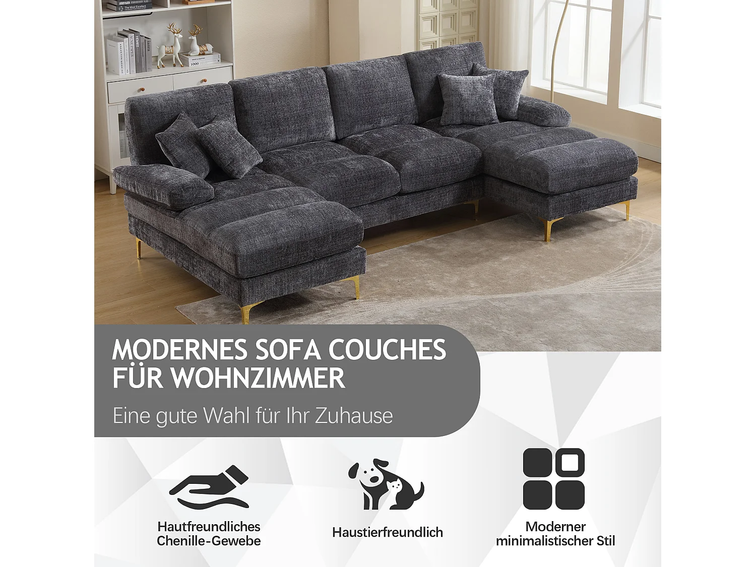Canapé moderne en U - 272 x 136 x 88 cm - avec 2 sièges inclinables pour salon chambre - Chenille - gris