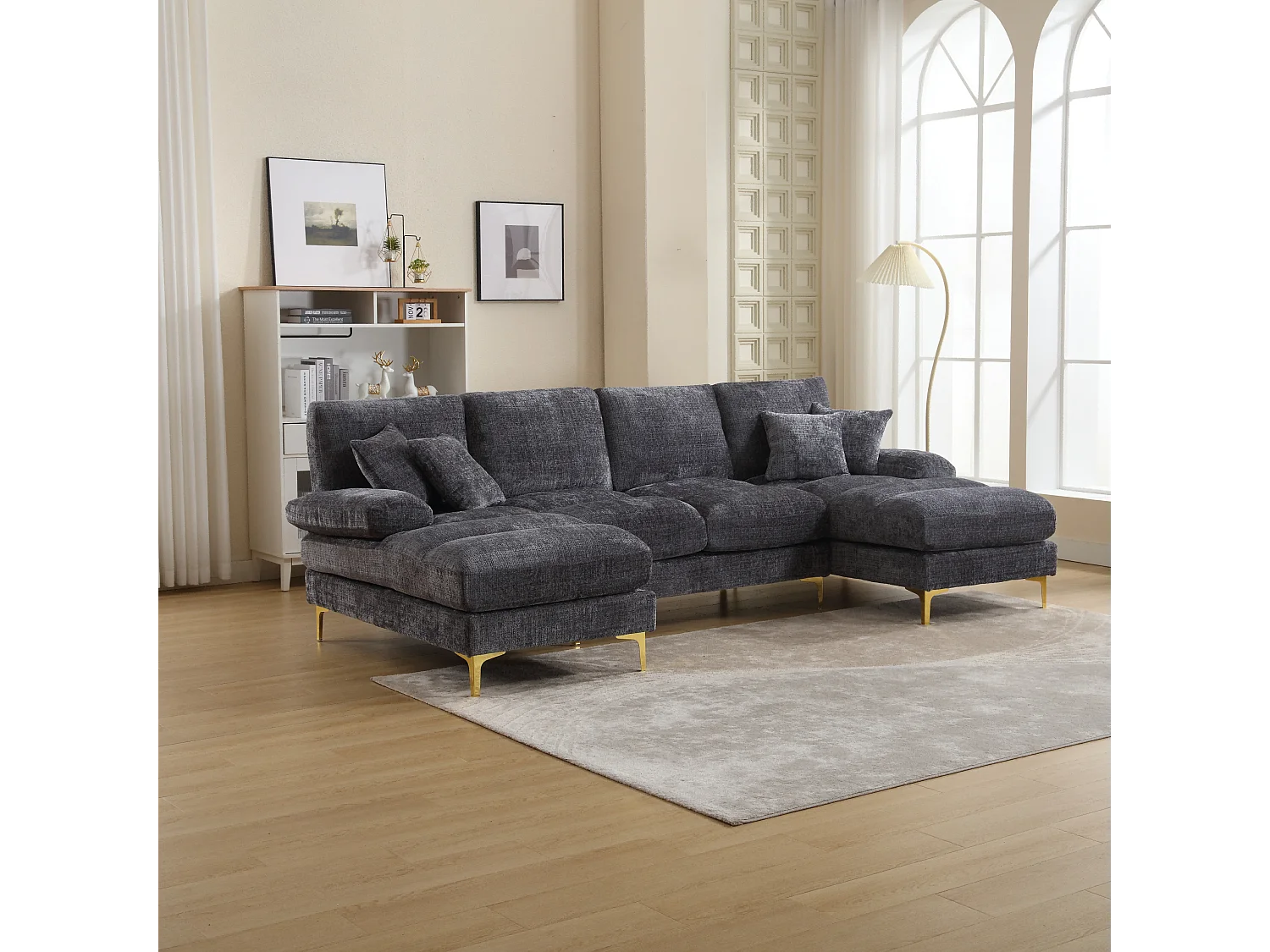 Canapé moderne en U - 272 x 136 x 88 cm - avec 2 sièges inclinables pour salon chambre - Chenille - gris