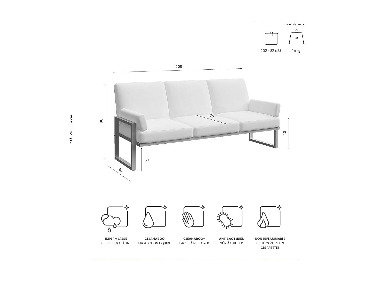 Soledo 3-zitsbank in lichtbeige - wit frame