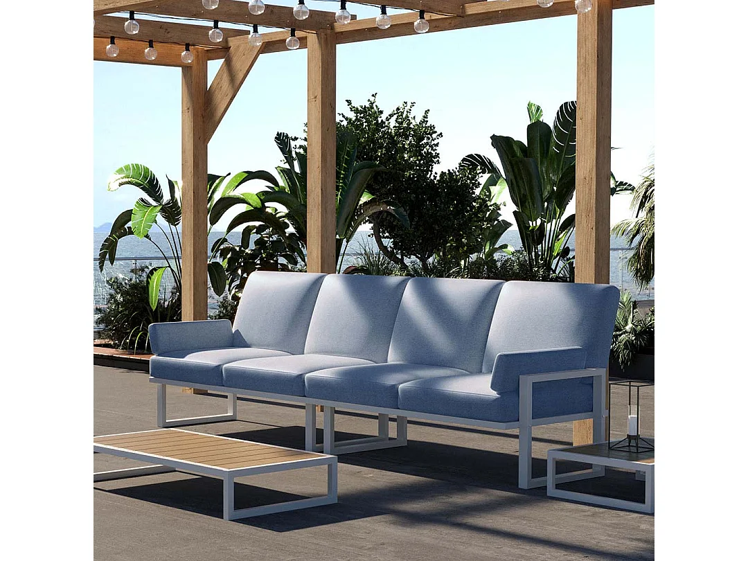 Canapé 4 places Soledo Bleu clair - Cadre blanc