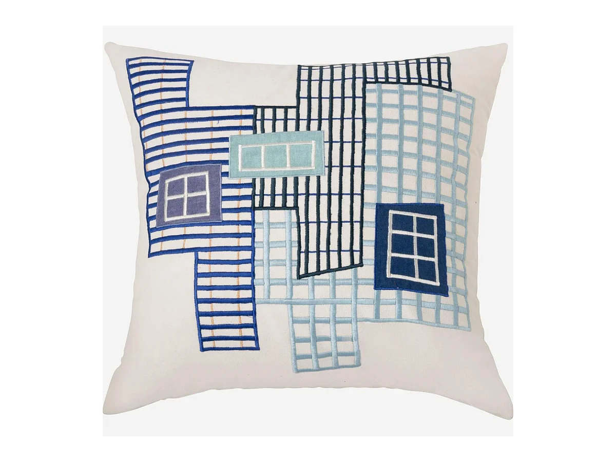 Habitat - Coussin brodé en coton - 45 x 45 cm - Bleu - Design by Floriane Jacques - Dedale