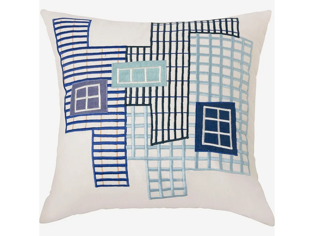 Habitat - Coussin brodé en coton - 45 x 45 cm - Bleu - Design by Floriane Jacques - Dedale