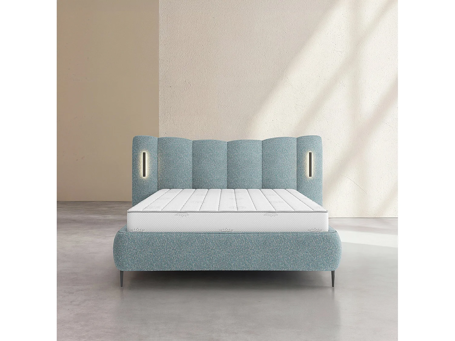 Habitat - Lit coffre 160 x 200 cm en tissu texturé avec LEDs intégrées - Bleu chiné - Siderno