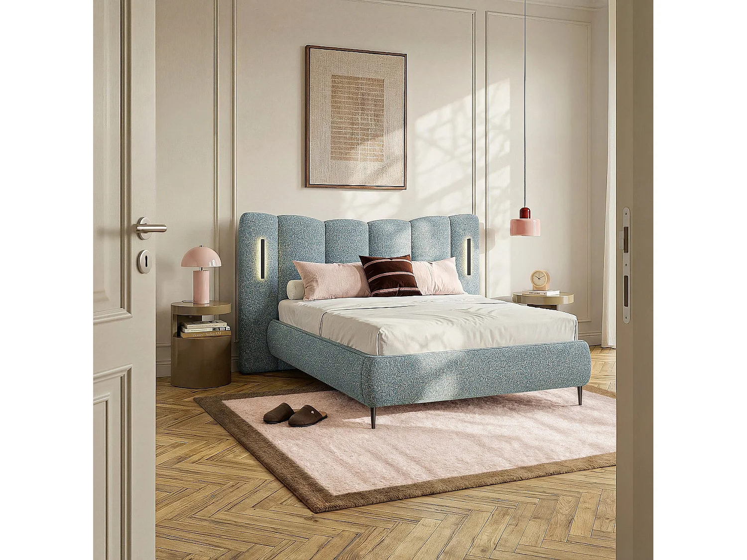 Lit coffre 160 x 200 cm en tissu texturé avec LEDs intégrées - Bleu chiné