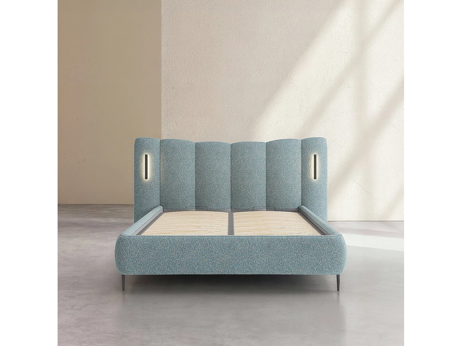 Lit coffre 160 x 200 cm en tissu texturé avec LEDs intégrées - Bleu chiné