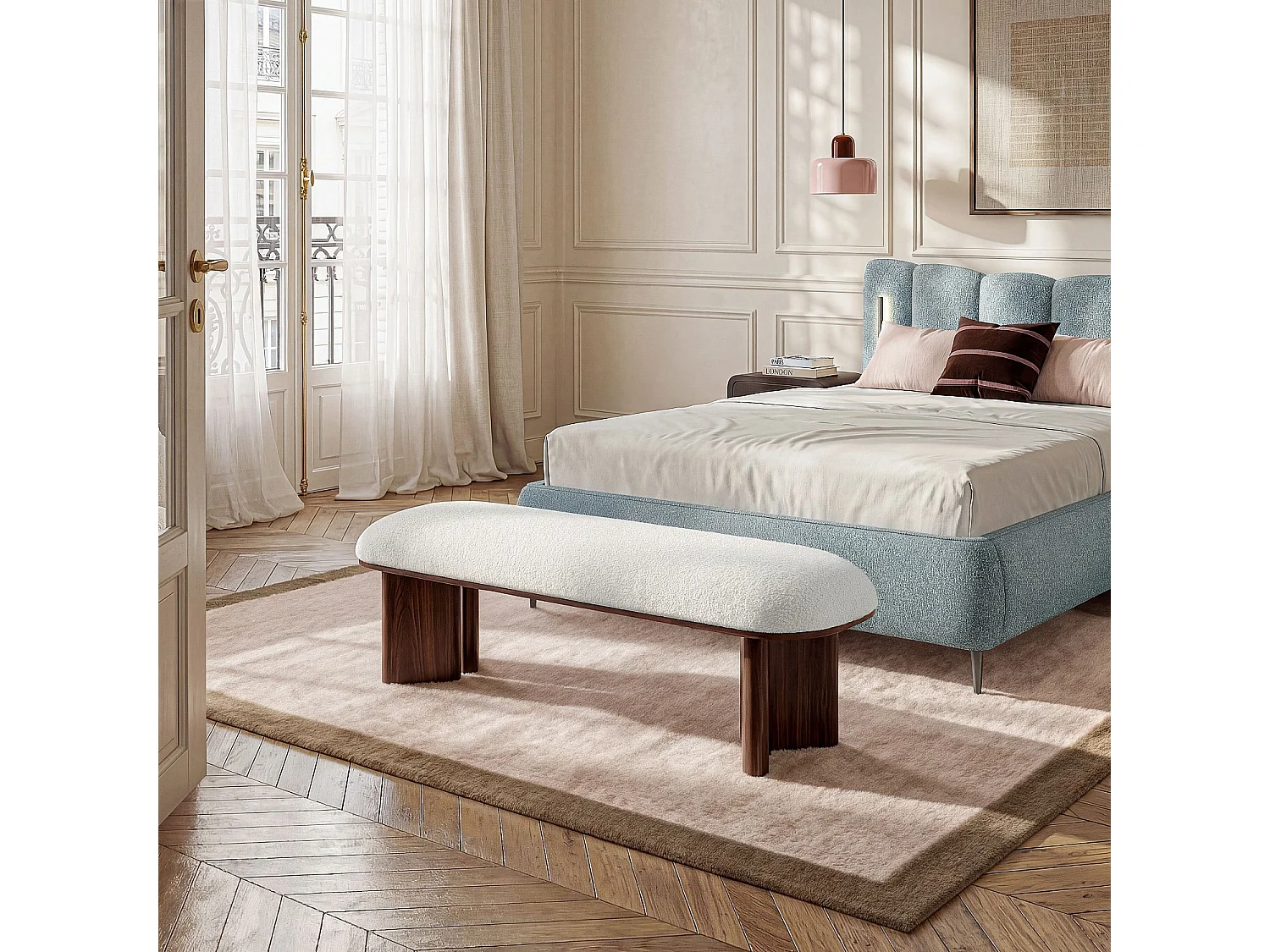 Habitat - Lit coffre 160 x 200 cm en tissu texturé avec LEDs intégrées - Bleu chiné - Siderno