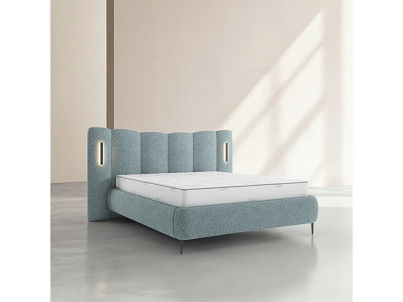 Habitat - Lit coffre 160 x 200 cm en tissu texturé avec LEDs intégrées - Bleu chiné - Siderno