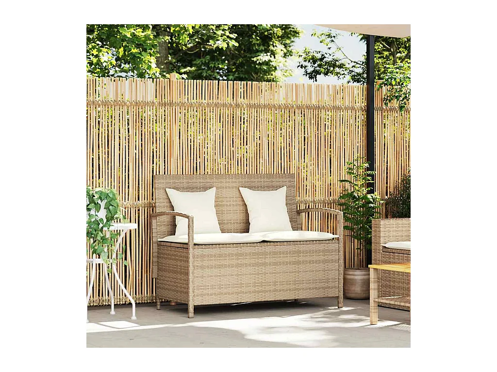 Banc de rangement de jardin avec coussin beige résine tressée