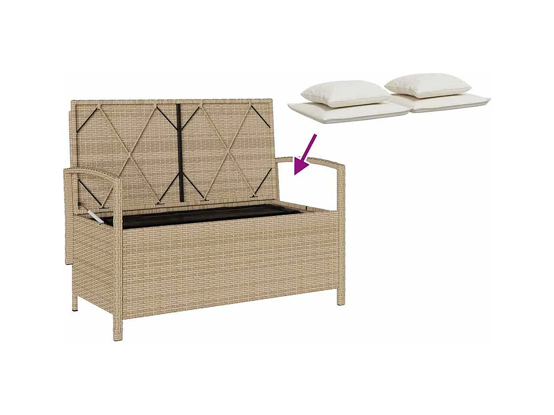 Banc de rangement de jardin avec coussin beige résine tressée