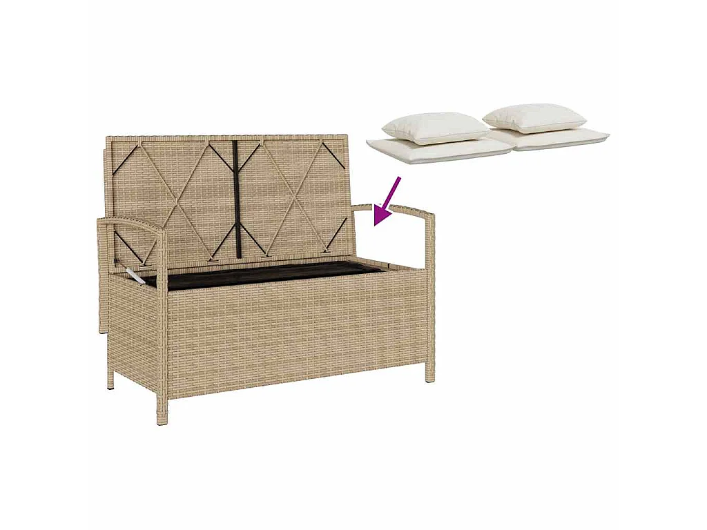 Banc de rangement de jardin avec coussin beige résine tressée