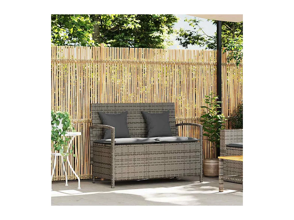Banc de rangement de jardin avec coussin gris résine tressée