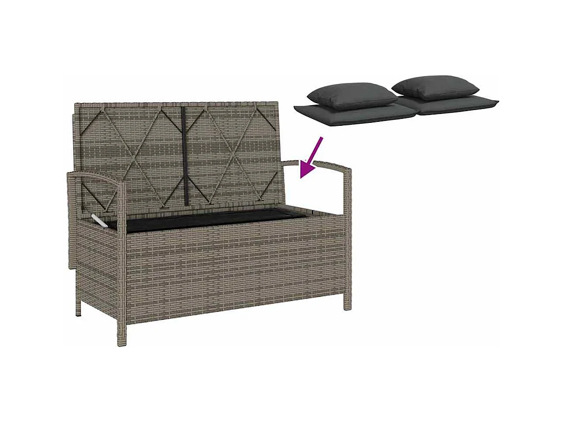 Banc de rangement de jardin avec coussin gris résine tressée