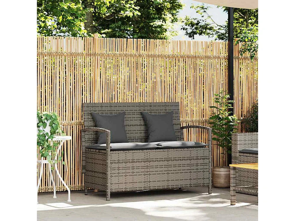 Gartenbank mit Stauraum und Kissen Grau Poly Rattan