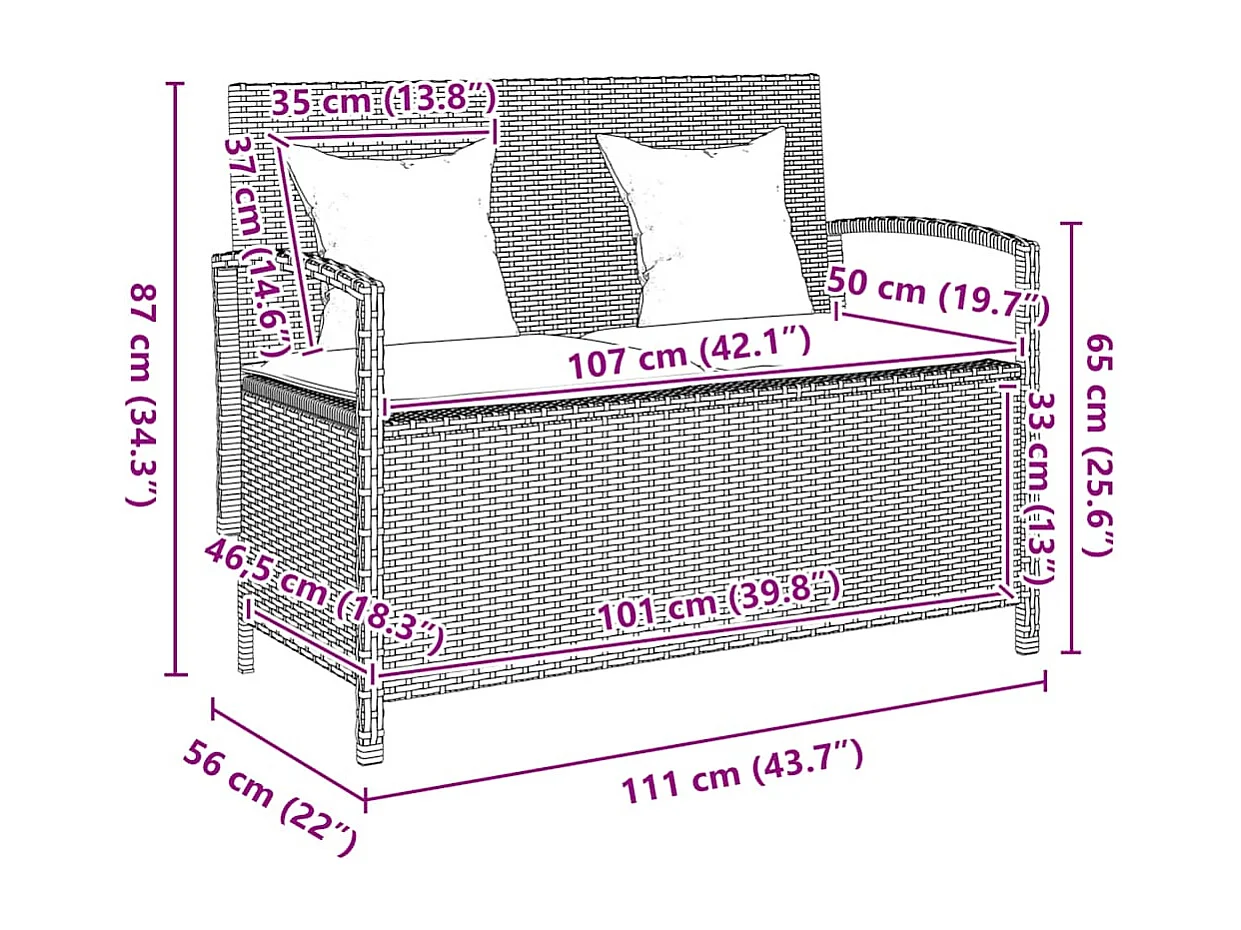 Gartenbank mit Stauraum und Kissen Grau Poly Rattan
