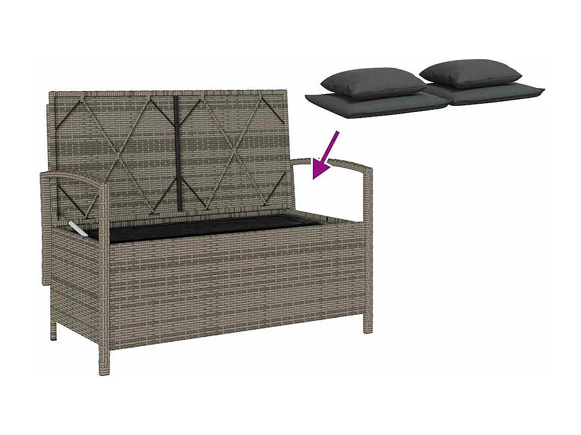 Gartenbank mit Stauraum und Kissen Grau Poly Rattan