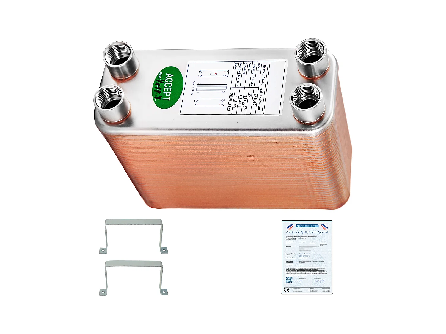 Échangeur de Chaleur SucceBuy à Plaques 60, Ports 2.54/5.08cm BSP FPT, Acier Inoxydable 316L, Plaque Brasée pour Chauffage Hydronique