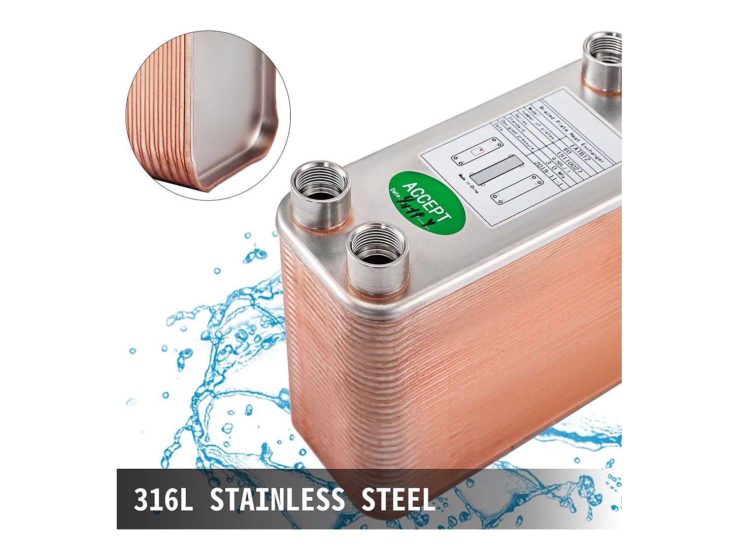 Échangeur de Chaleur SucceBuy à Plaques 60, Ports 2.54/5.08cm BSP FPT, Acier Inoxydable 316L, Plaque Brasée pour Chauffage Hydronique