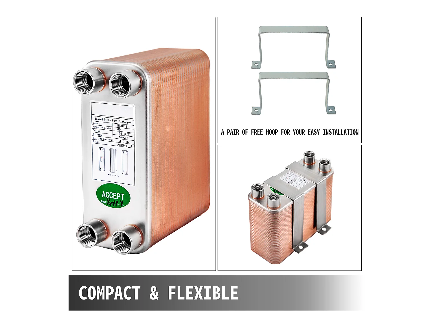 Échangeur de Chaleur SucceBuy à Plaques 60, Ports 2.54/5.08cm BSP FPT, Acier Inoxydable 316L, Plaque Brasée pour Chauffage Hydronique
