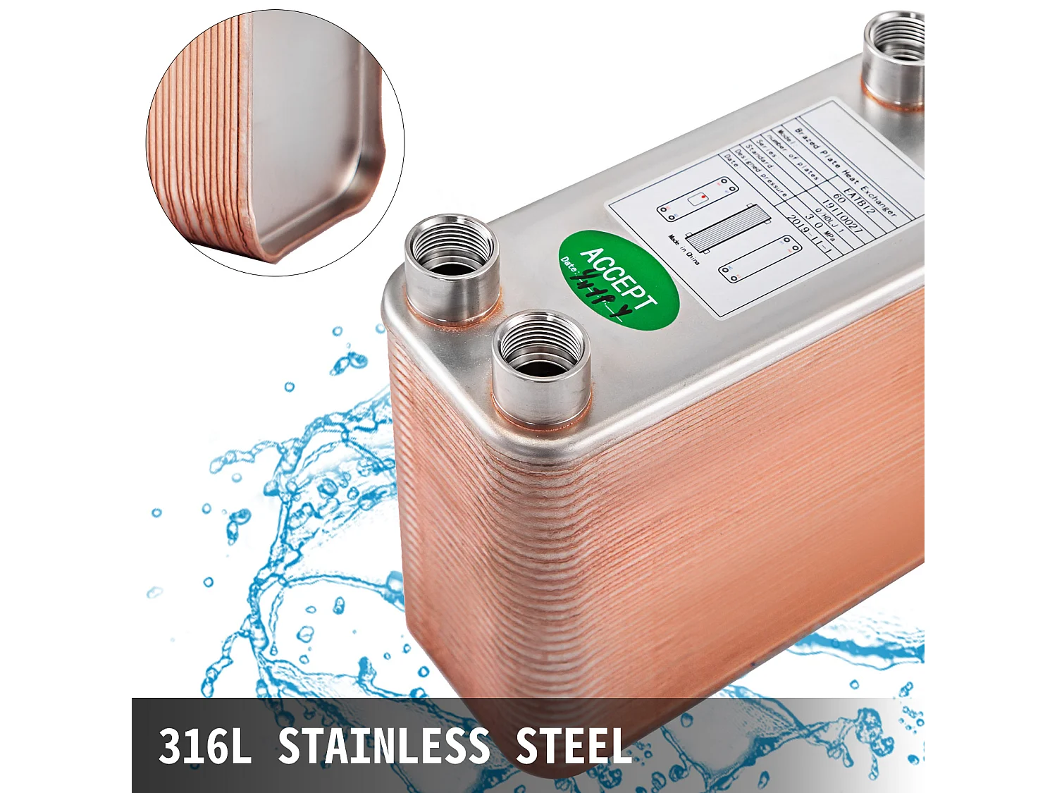 Platenwarmtewisselaar SucceBuy 60, Poorten 2.54/5.08cm BSP FPT, RVS 316L, Gesoldeerde Plaat voor Hydronische Verwarming