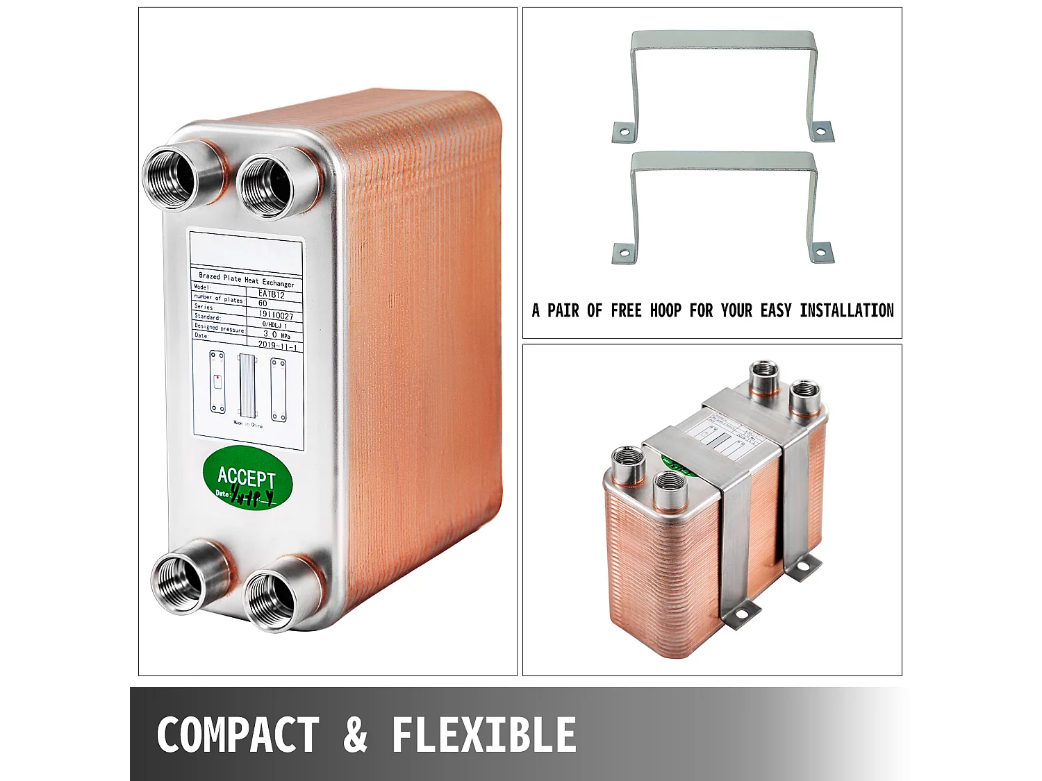 Platenwarmtewisselaar SucceBuy 60, Poorten 2.54/5.08cm BSP FPT, RVS 316L, Gesoldeerde Plaat voor Hydronische Verwarming