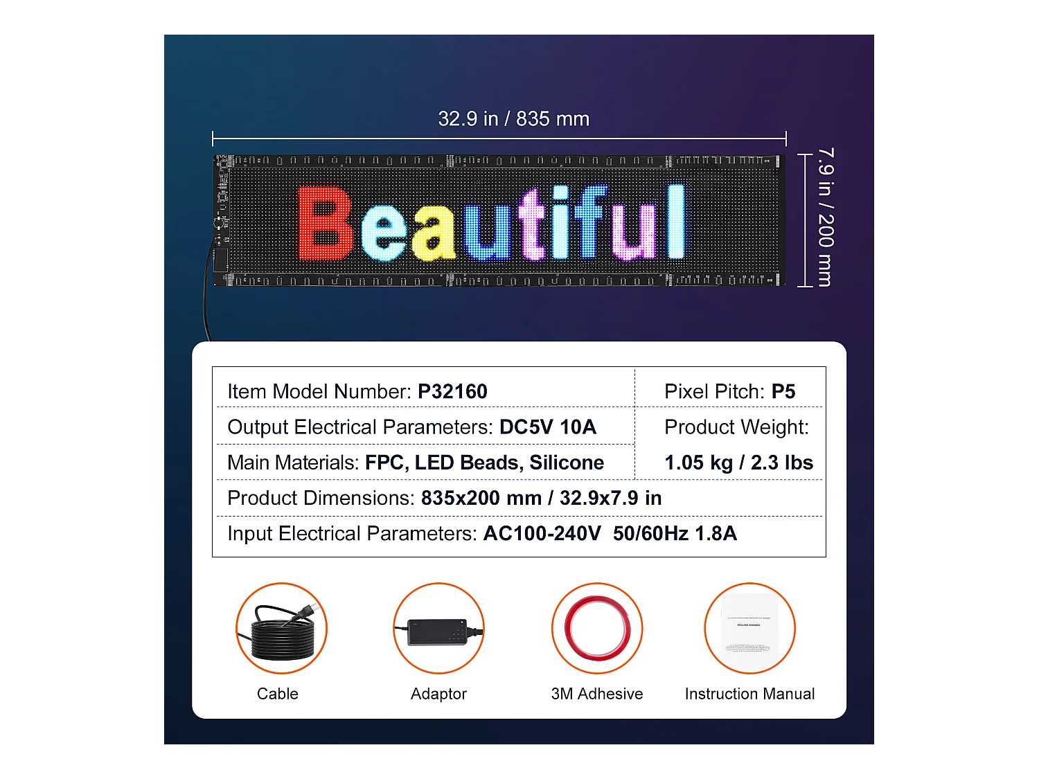 Plaque Publicitaire, SucceBuy Panneau LED Programmable 83.5 × 20 cm, Écran Défilant Polychrome P5