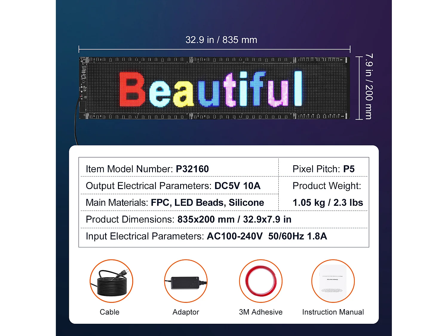 Plaque Publicitaire, SucceBuy Panneau LED Programmable 83.5 × 20 cm, Écran Défilant Polychrome P5
