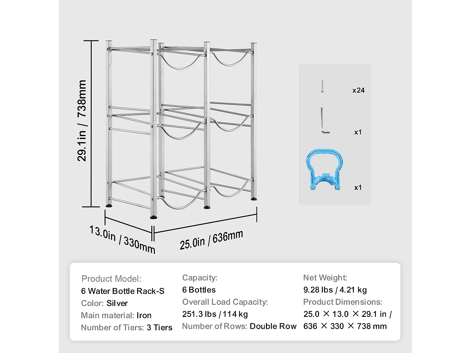 Portabottiglie d'Acqua SucceBuy, 3 Livelli, Supporto per Bottiglie in Doppia Riga per 6 Bottiglie, Argento