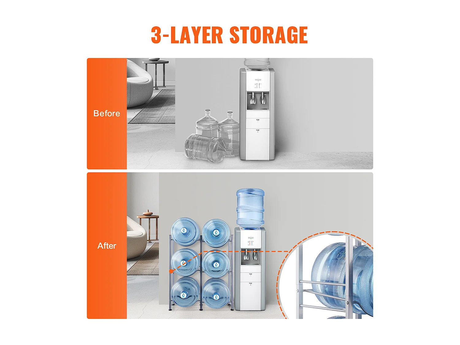 Portabottiglie d'Acqua SucceBuy, 3 Livelli, Supporto per Bottiglie in Doppia Riga per 6 Bottiglie, Argento