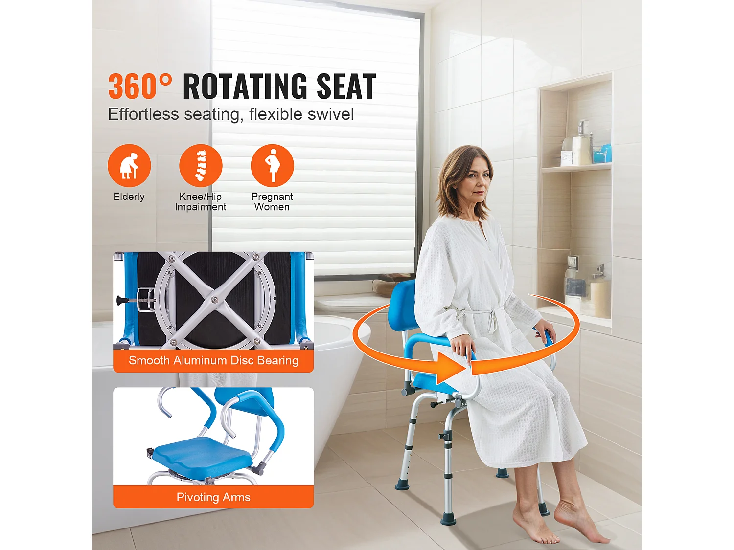 Siège de Douche, SucceBuy Chaise de Douche Pivotante à 360° avec Bras Pivotants et Siège Rembourré, 135 kg