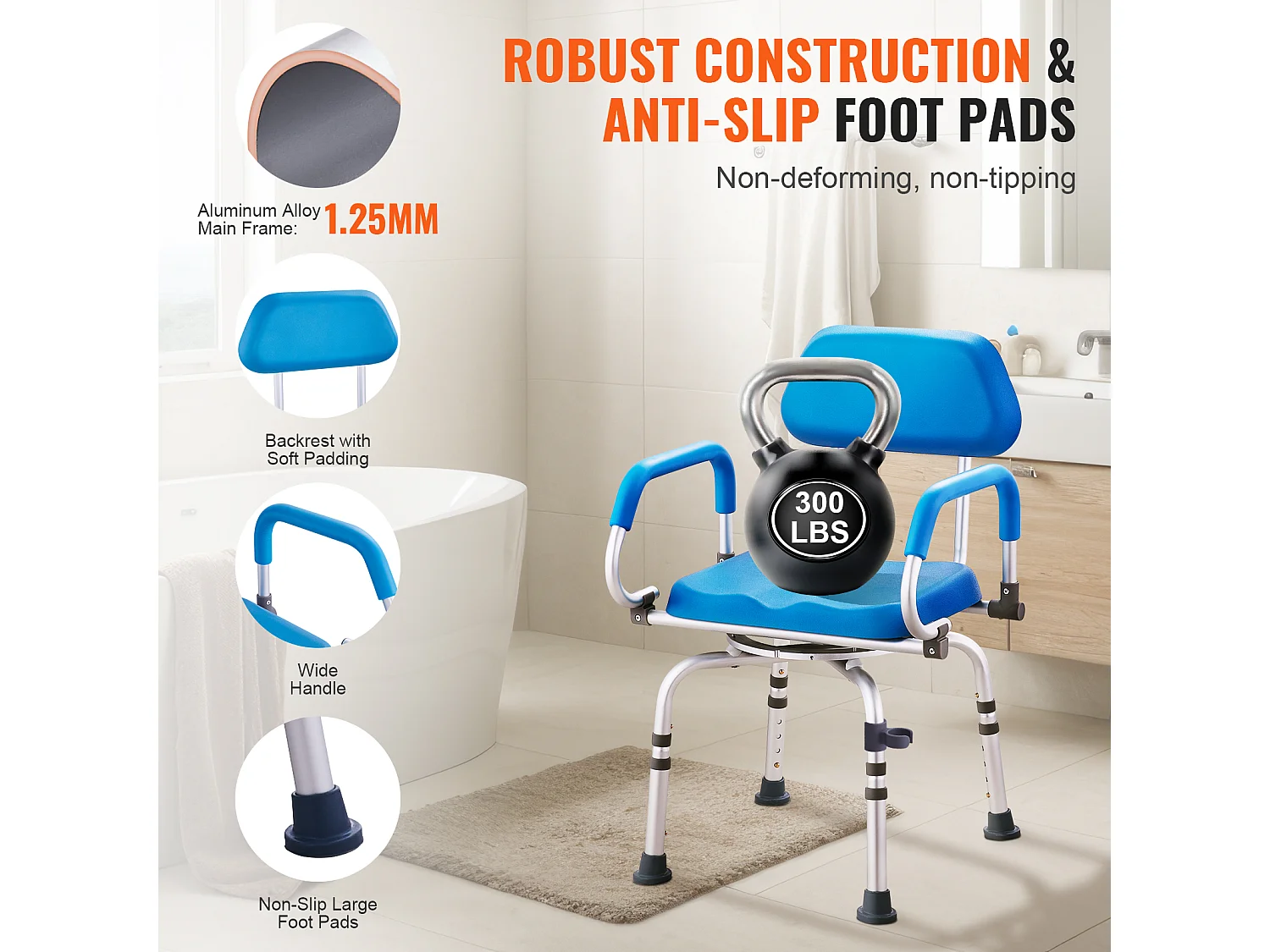 Siège de Douche, SucceBuy Chaise de Douche Pivotante à 360° avec Bras Pivotants et Siège Rembourré, 135 kg