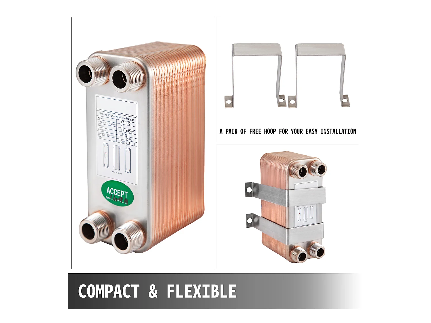 Échangeur de Chaleur Brasé SucceBuy, Échangeur de Chaleur Brasé à 40 Plaques en Acier Inoxydable 316L, Refroidisseur à Plaques pour Chauffage Hydronique