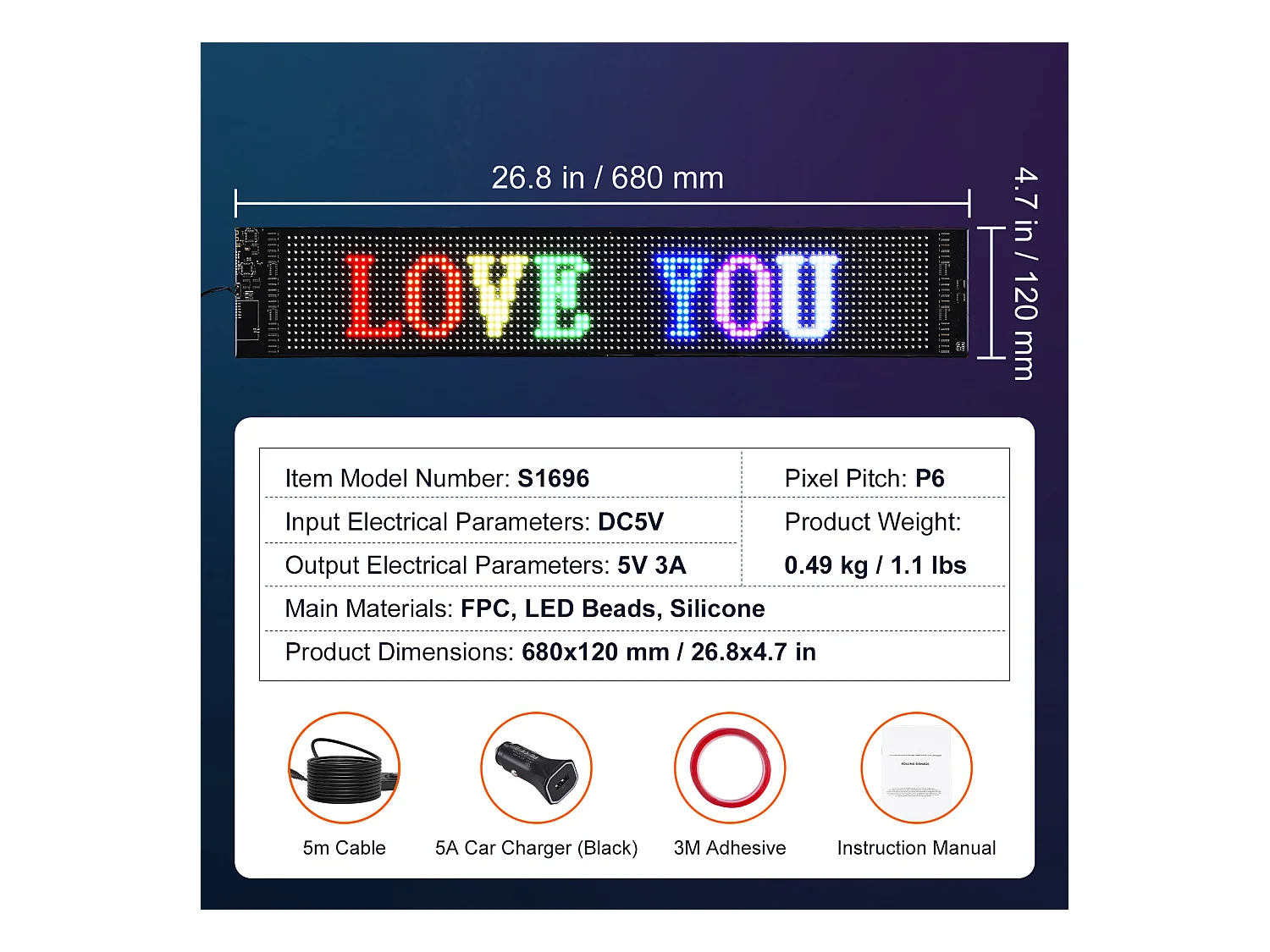 Plaque Publicitaire, SucceBuy Panneau LED Programmable 68 × 12 cm, Écran Défilant Polychrome P6
