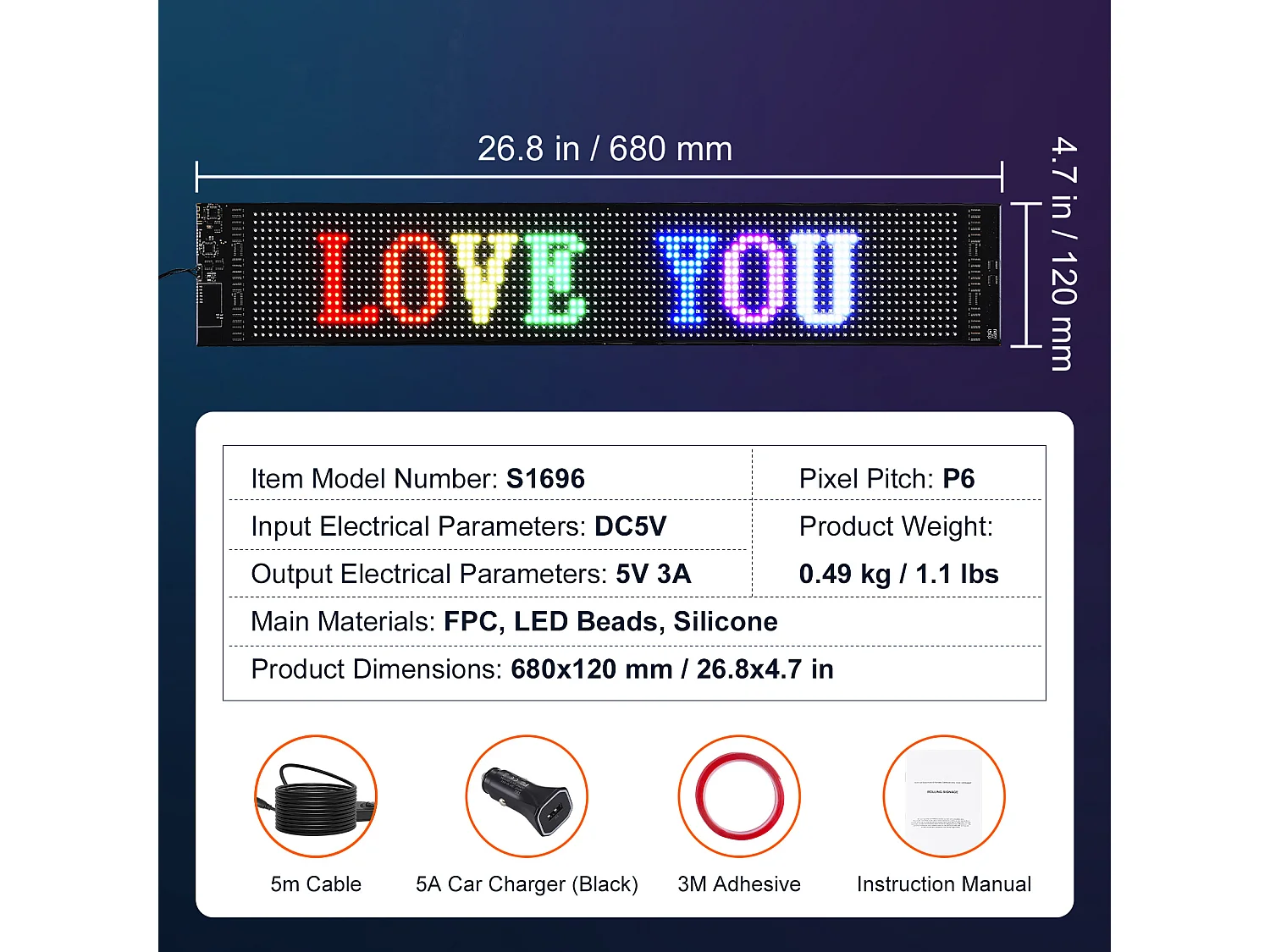 Plaque Publicitaire, SucceBuy Panneau LED Programmable 68 × 12 cm, Écran Défilant Polychrome P6