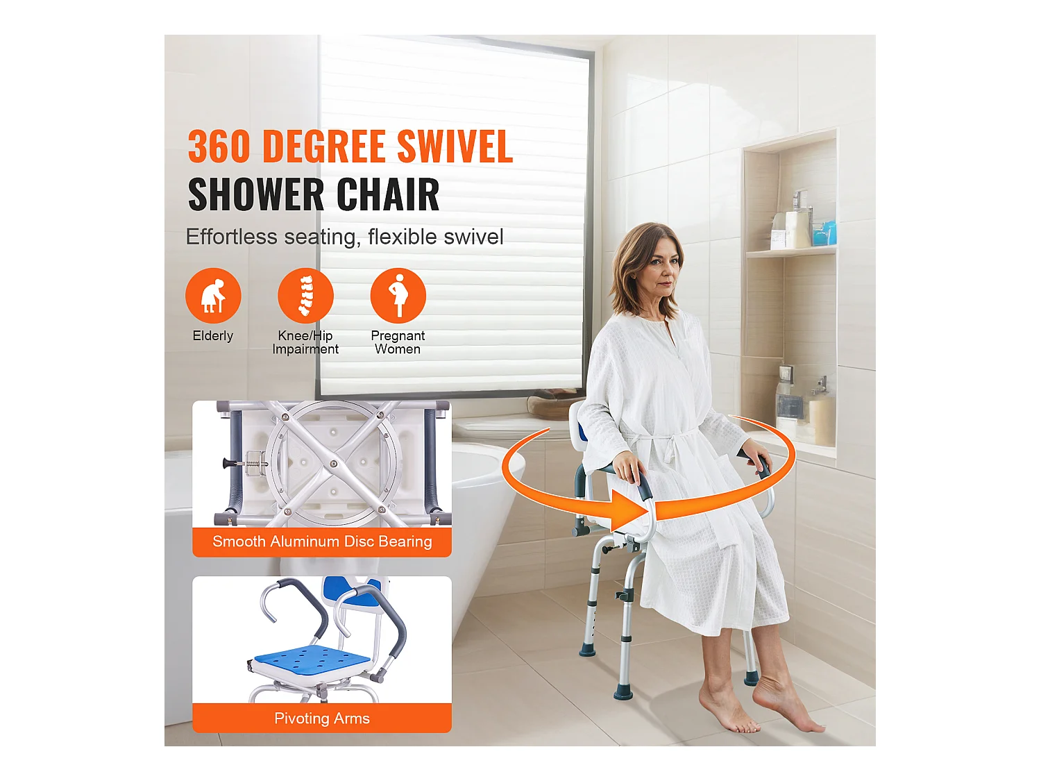 Douchezitje, SucceBuy Draaibare Douchestoel 360° met Draaibare Armen, Draagvermogen van 180 kg
