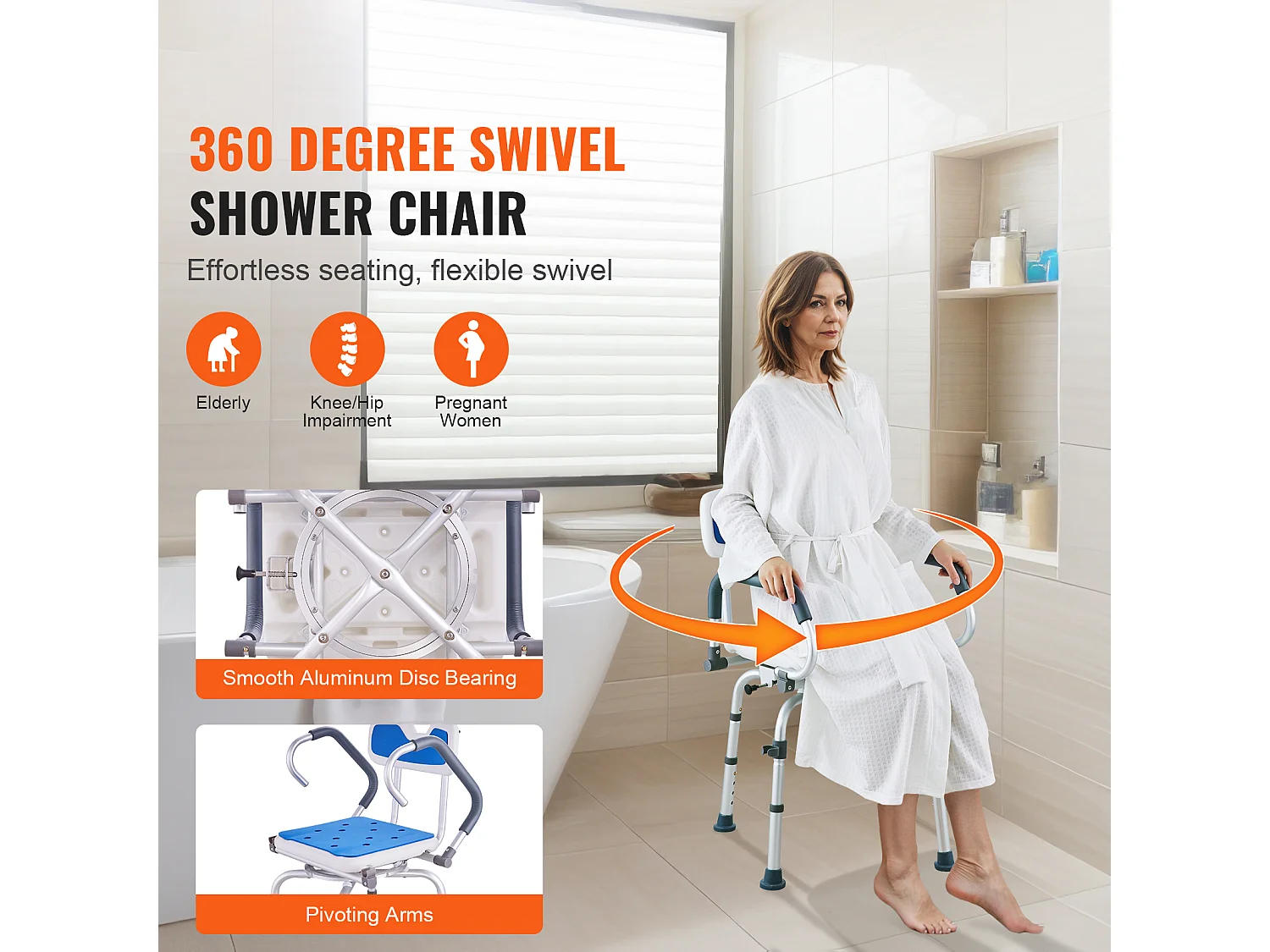 Siège de Douche, SucceBuy Chaise de Douche Pivotante à 360° avec Bras Pivotants, Capacité de 180 kg